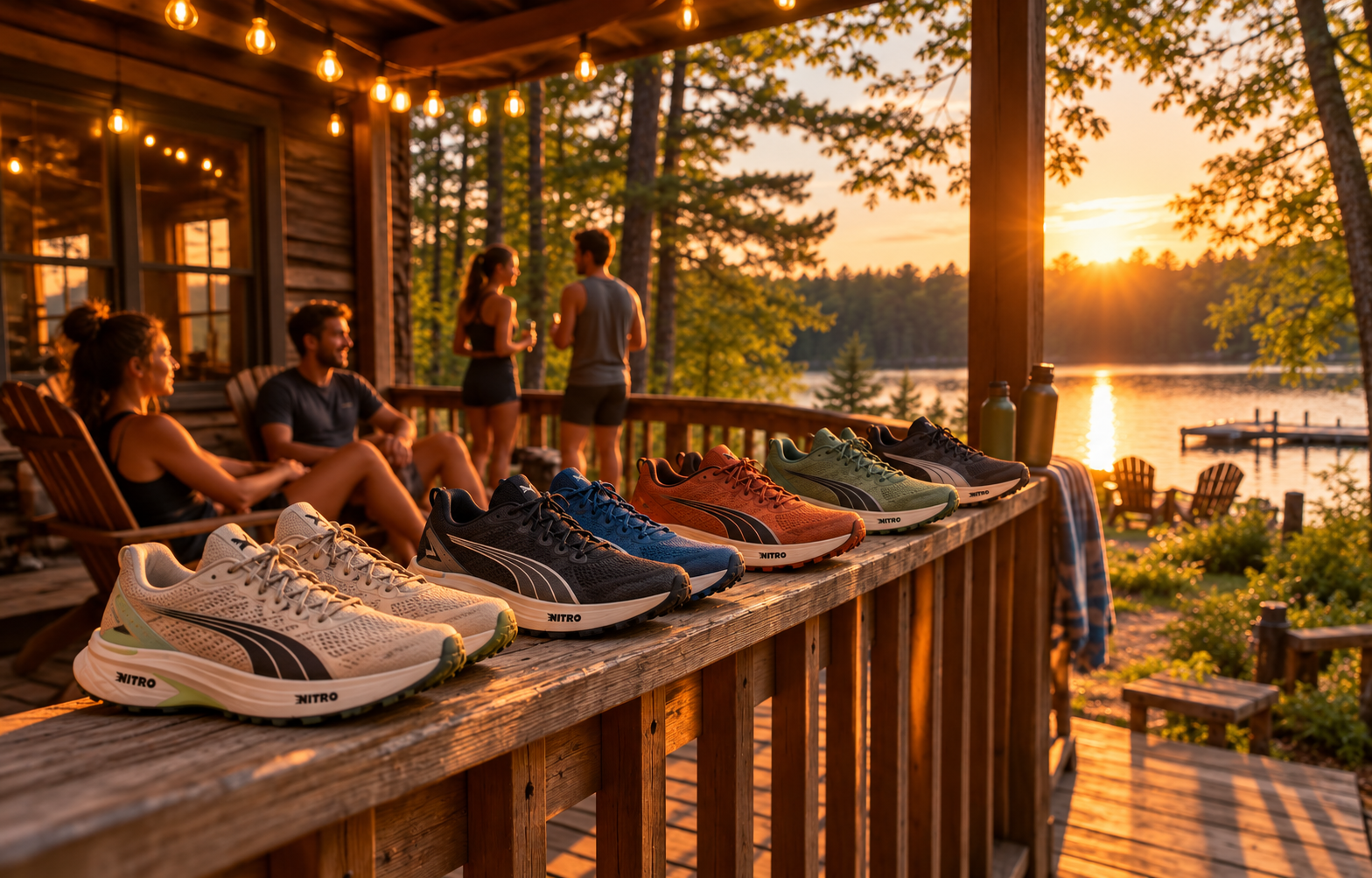 Running shoes lined up on a camp lodge porch at sunset