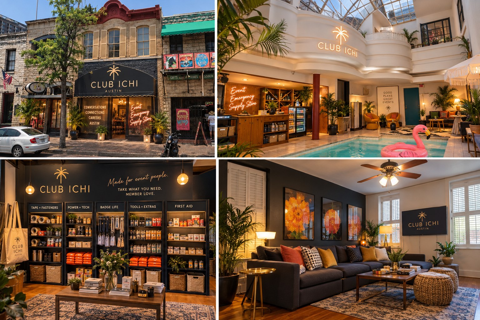 Club Ichi Austin Bodega — storefront exterior, pool lounge with flamingo float, supply store, and lounge with orange artwork