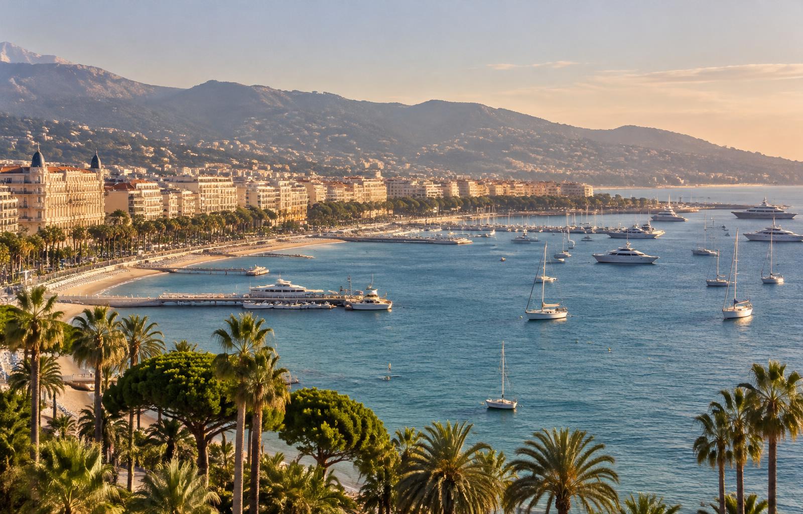 The Bay of Cannes seen from the Croisette — palm-lined waterfront, grand waterfront buildings, and yachts at anchor on the Mediterranean