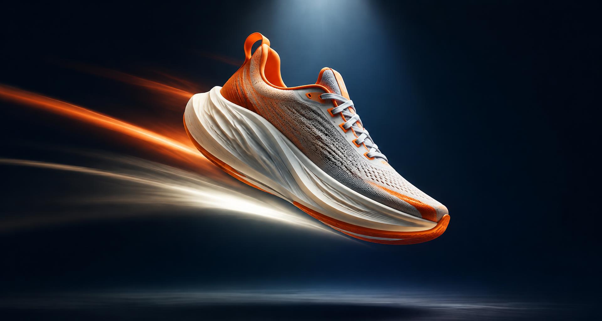 Performance running shoe floating mid-drop with orange motion streaks